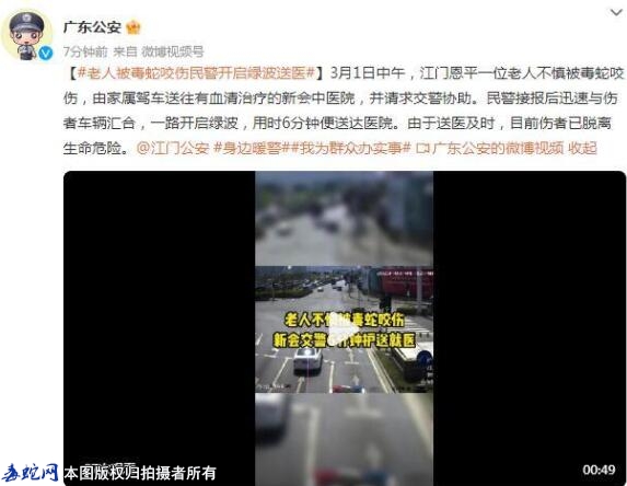 广东江门一老人被毒蛇咬伤 民警接报后...